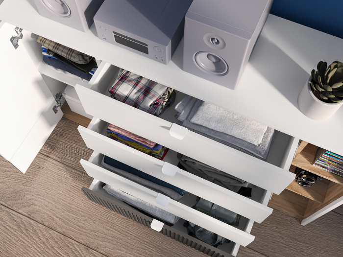 Comoda living /dormitor/hol cu 4 sertare si 1 usa , alb/mdf grafit/stejar, 138x86x40 cm, canturi abs, cu rafturi [3]