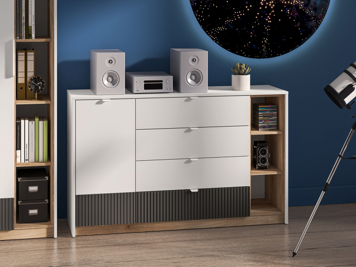 Comoda living /dormitor/hol cu 4 sertare si 1 usa , alb/mdf grafit/stejar, 138x86x40 cm, canturi abs, cu rafturi [5]