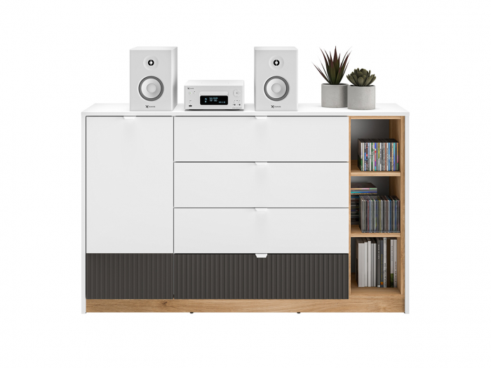 Comoda living /dormitor/hol cu 4 sertare si 1 usa , alb/mdf grafit/stejar, 138x86x40 cm, canturi abs, cu rafturi [6]