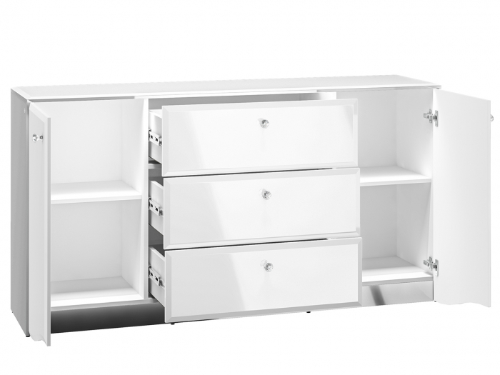 Comoda lux, mdf alb lucios/ pal alb, 3 sertare si 2 usi, lumina led sub capac, 160cm lungime x 41 cm adancime x 85 cm inaltime, [11]