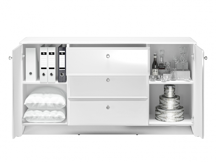 Comoda lux, mdf alb lucios/ pal alb, 3 sertare si 2 usi, lumina led sub capac, 160cm lungime x 41 cm adancime x 85 cm inaltime, [4]