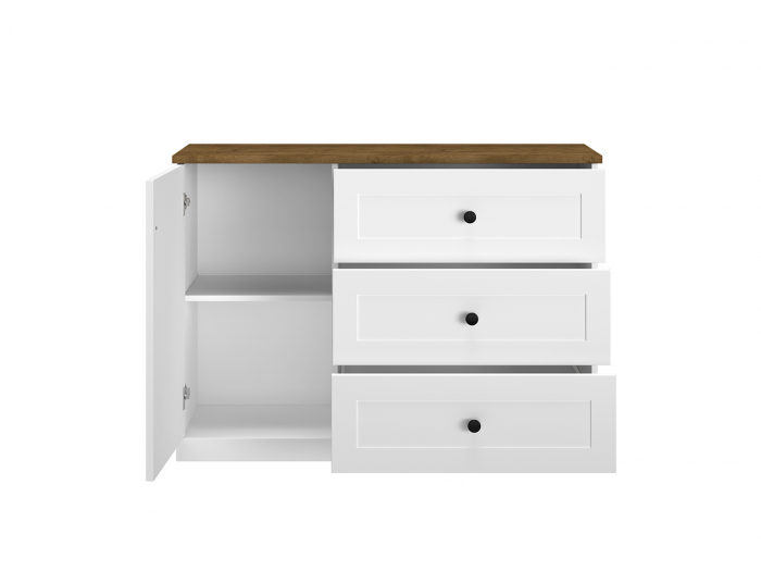 Comoda mdf alb mat/pal stejar lefkas si alb, 3 sertare , 1 usa cu raft, 120 cm lungime x 86 cm inaltime x 40 cm adancime, usi inchidere silentioasa, sertare extensie totala [5]