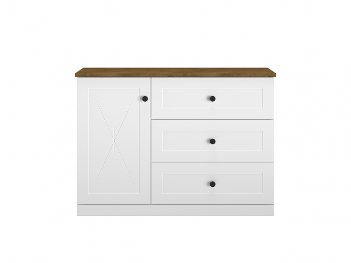 Comoda mdf alb mat/pal stejar lefkas si alb, 3 sertare , 1 usa cu raft, 120 cm lungime x 86 cm inaltime x 40 cm adancime, usi inchidere silentioasa, sertare extensie totala [2]