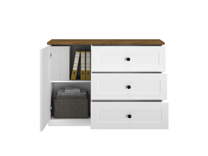 Comoda mdf alb mat/pal stejar lefkas si alb, 3 sertare , 1 usa cu raft, 120 cm lungime x 86 cm inaltime x 40 cm adancime, usi inchidere silentioasa, sertare extensie totala [3]