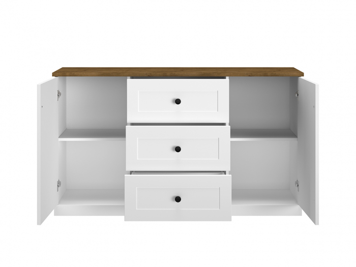 Comoda mdf alb mat/pal stejar lefkas si alb, 3 sertare , 2 usi cu raft, 150 cm lungime x 86 cm inaltimex 40 cm adancime, usi inchidere silentioasa, sertare extensie totala [5]