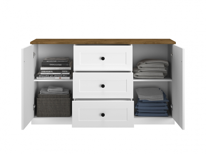 Comoda mdf alb mat/pal stejar lefkas si alb, 3 sertare , 2 usi cu raft, 150 cm lungime x 86 cm inaltimex 40 cm adancime, usi inchidere silentioasa, sertare extensie totala [3]