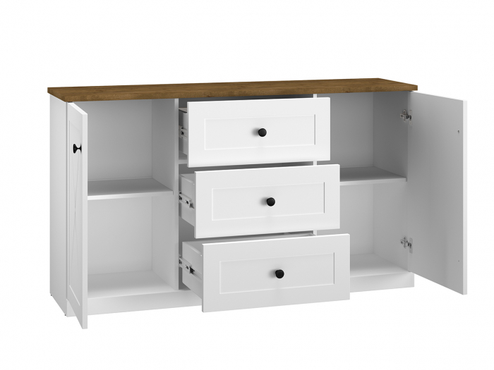 Comoda mdf alb mat/pal stejar lefkas si alb, 3 sertare , 2 usi cu raft, 150 cm lungime x 86 cm inaltimex 40 cm adancime, usi inchidere silentioasa, sertare extensie totala [6]