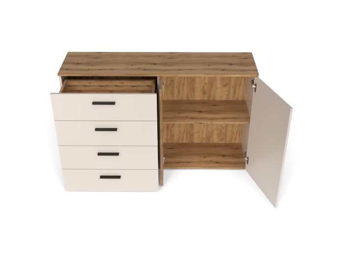Comoda moderna, 139,4 cm x86 cm inaltime x 38 cm adancime, casmir/stejar, cu 4 sertare si 2 usi , o usa cu model riflaj, [9]