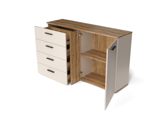 Comoda moderna, 139,4 cm x86 cm inaltime x 38 cm adancime, casmir/stejar, cu 4 sertare si 2 usi , o usa cu model riflaj, [8]