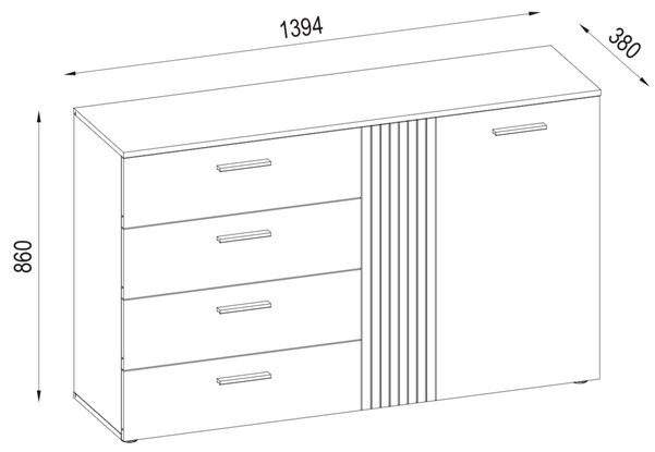 Comoda moderna, 139,4 cm x86 cm inaltime x 38 cm adancime, casmir/stejar, cu 4 sertare si 2 usi , o usa cu model riflaj, [5]