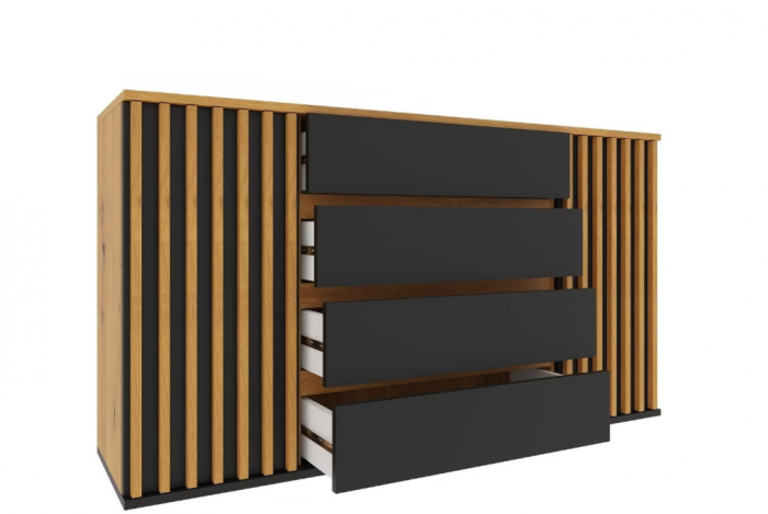 Comoda moderna cu 2 usi si 4 sertare, model riflaj, negru/stejar artisan, 160x88x44 cm, Bortis impex [5]