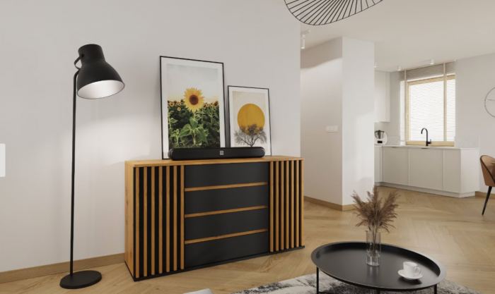 Comoda moderna cu 2 usi si 4 sertare, model riflaj, negru/stejar artisan, 160x88x44 cm, Bortis impex [3]