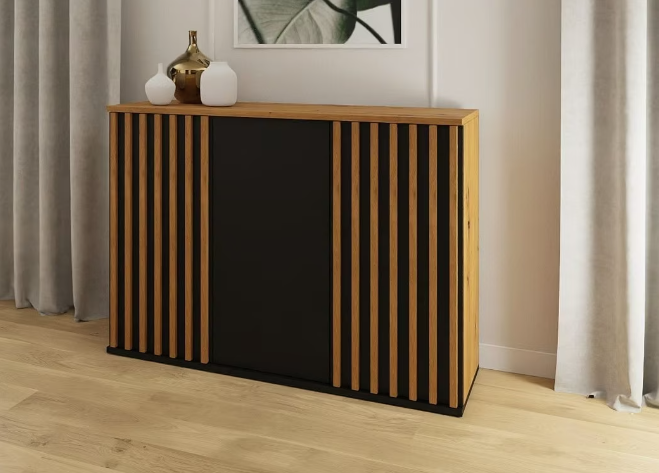Comoda moderna cu 3 usi, model riflaj, negru/stejar artisan, 120x88x44 cm, Bortis impex [2]
