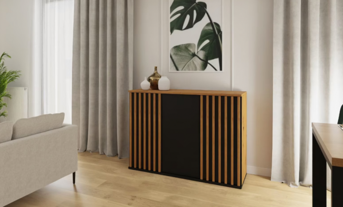 Comoda moderna cu 3 usi, model riflaj, negru/stejar artisan, 120x88x44 cm, Bortis impex [4]