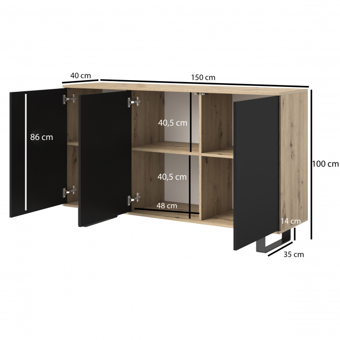 Comoda moderna cu 3 usi , pentru living ,dormitor, deschidere push open, rafturi, alb, picioare negre moderne, ,150 x100x40 cm , Bortis [3]