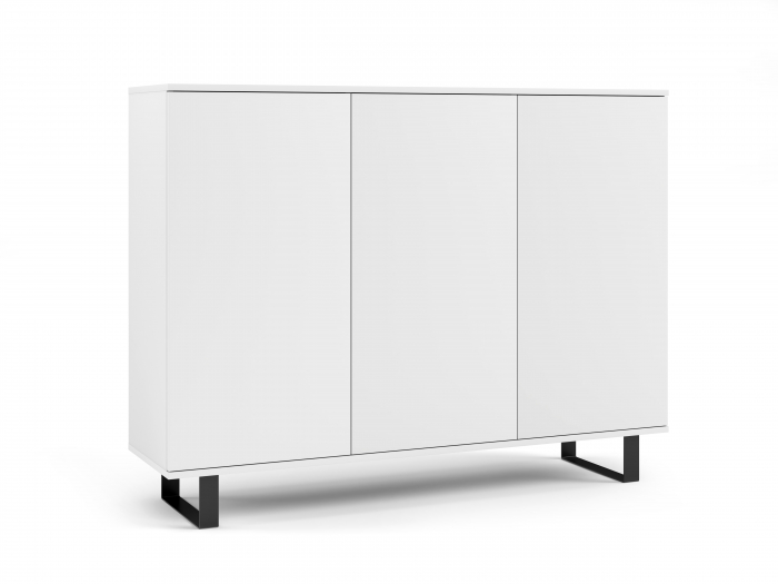 Comoda moderna cu 3 usi , pentru living ,dormitor, deschidere push open, rafturi, alb, picioare negre moderne, ,150 x100x40 cm , Bortis [2]