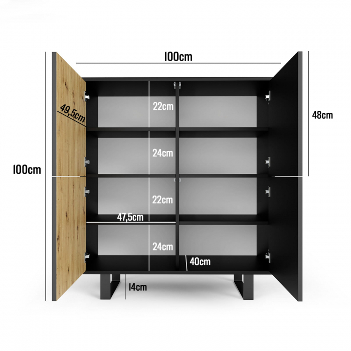 Comoda moderna cu 4 usi , pentru living ,dormitor, deschidere push open, rafturi, model riflaj , stejar /negru , picioare negre moderne,  ,100 x114x40 cm , Bortis [4]