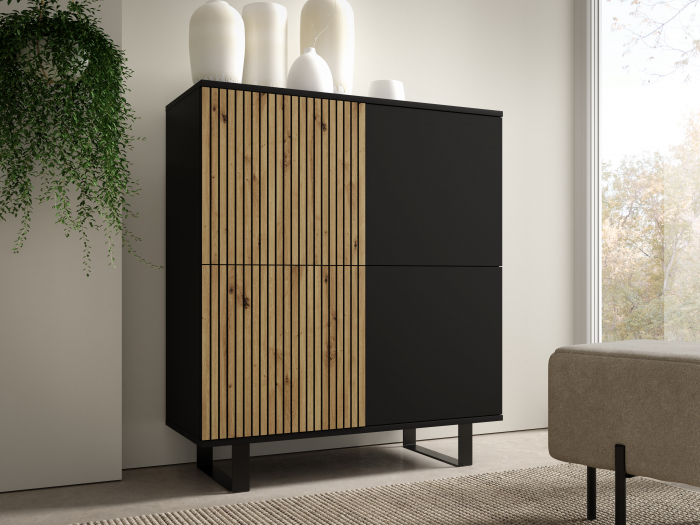 Comoda moderna cu 4 usi , pentru living ,dormitor, deschidere push open, rafturi, model riflaj , stejar /negru , picioare negre moderne,  ,100 x114x40 cm , Bortis [2]