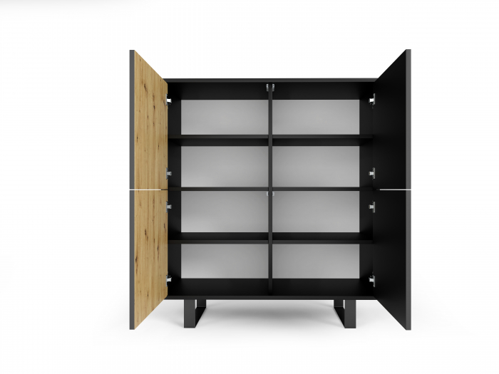 Comoda moderna cu 4 usi , pentru living ,dormitor, deschidere push open, rafturi, model riflaj , stejar /negru , picioare negre moderne,  ,100 x114x40 cm , Bortis [3]