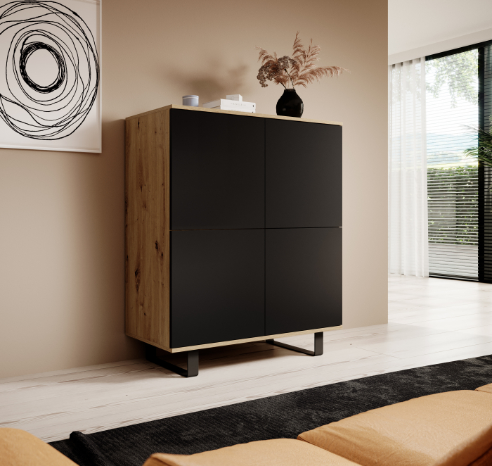 Comoda moderna cu 4 usi , pentru living ,dormitor, deschidere push open, rafturi, stejar /negru , picioare negre moderne,  ,100 x114x40 cm , Bortis [3]