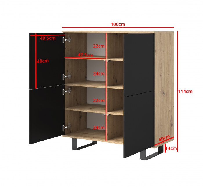 Comoda moderna cu 4 usi , pentru living ,dormitor, deschidere push open, rafturi, stejar /negru , picioare negre moderne,  ,100 x114x40 cm , Bortis [2]