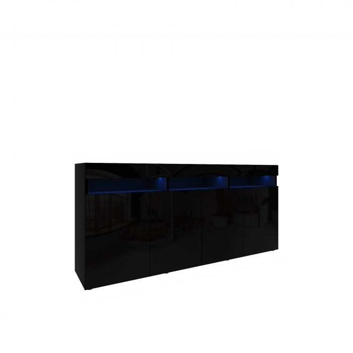 Comoda moderna cu 4 usi, usile negru lucios/negru mat, 175x80x40cm, fara led, pentru living, hol, dormitor, birou, Bortis Impex [4]
