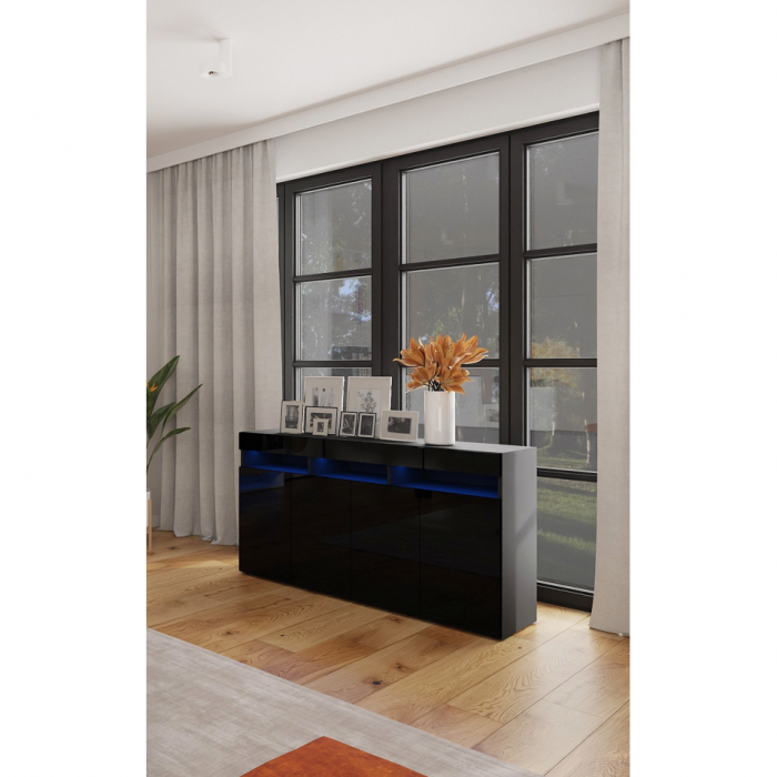 Comoda moderna cu 4 usi, usile negru lucios/negru mat, 175x80x40cm, fara led, pentru living, hol, dormitor, birou, Bortis Impex [2]