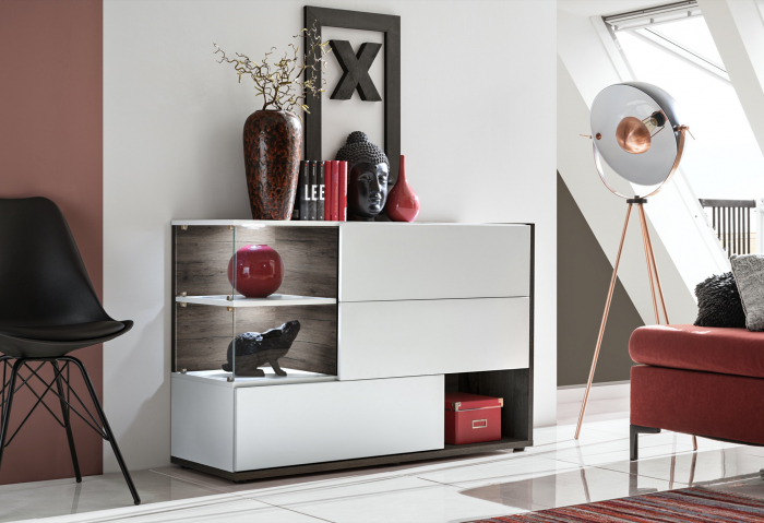 Comoda moderna, push open, 120x77x40 cm, alb lucios cu stejar inchis, cu led , cu 3 usi, vitrina sticla securizata, si spatiu gol, Bortis [2]