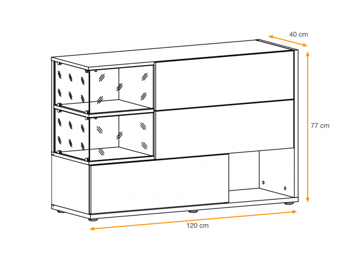 Comoda moderna, push open, 120x77x40 cm, alb lucios cu stejar inchis, cu led , cu 3 usi, vitrina sticla securizata, si spatiu gol, Bortis [4]