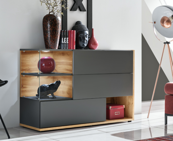 Comoda moderna, push open,  120x77x40 cm, gri antracit cu stejar artisan, cu led , cu 3 usi, vitrina sticla securizata, si spatiu gol, Bortis [4]
