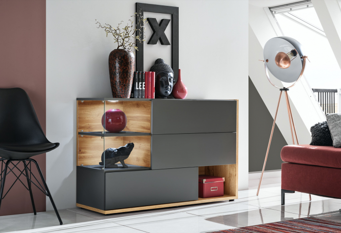 Comoda moderna, push open,  120x77x40 cm, gri antracit cu stejar artisan, cu led , cu 3 usi, vitrina sticla securizata, si spatiu gol, Bortis [2]