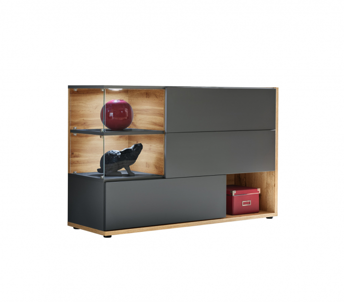 Comoda moderna, push open,  120x77x40 cm, gri antracit cu stejar artisan, cu led , cu 3 usi, vitrina sticla securizata, si spatiu gol, Bortis [3]