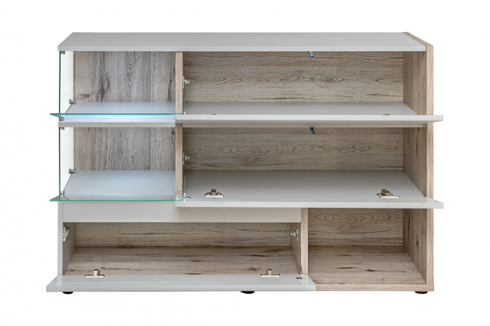 Comoda moderna, push open, 120x77x40 cm, gri deschis perlat cu stejar cu noduri, cu led , cu 3 usi, vitrina sticla securizata, si spatiu gol, Bortis [2]