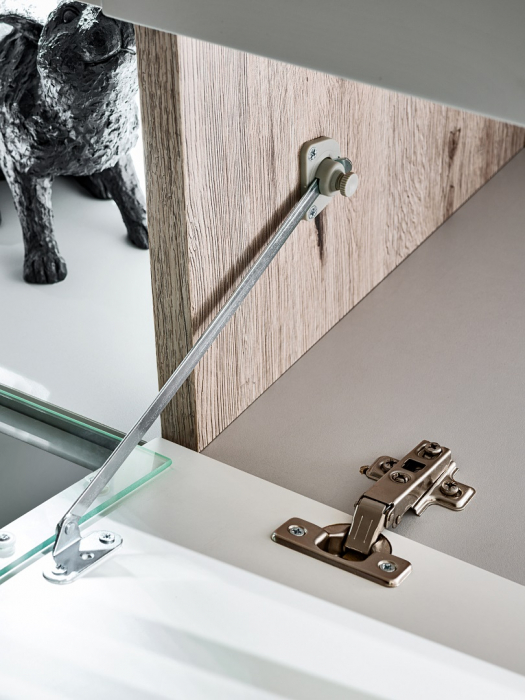 Comoda moderna, push open, 120x77x40 cm, gri deschis perlat cu stejar cu noduri, cu led , cu 3 usi, vitrina sticla securizata, si spatiu gol, Bortis [4]