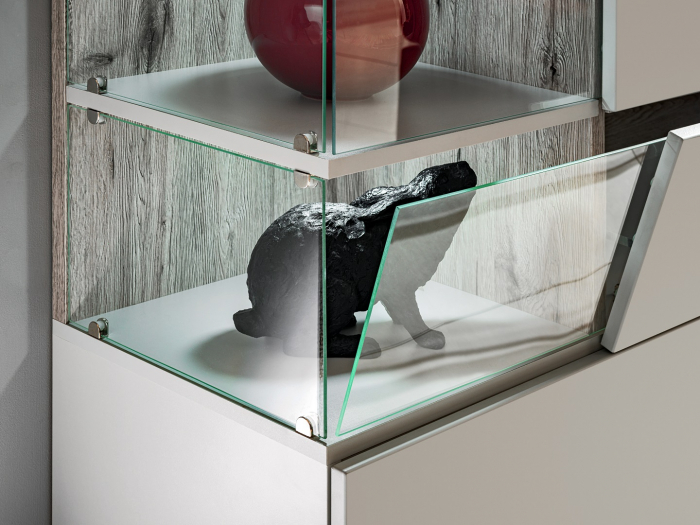 Comoda moderna, push open, 120x77x40 cm, gri deschis perlat cu stejar cu noduri, cu led , cu 3 usi, vitrina sticla securizata, si spatiu gol, Bortis [5]