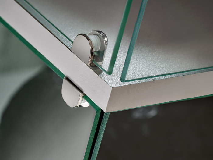 Comoda moderna, push open, 120x77x40 cm, gri deschis perlat cu stejar cu noduri, cu led , cu 3 usi, vitrina sticla securizata, si spatiu gol, Bortis [6]