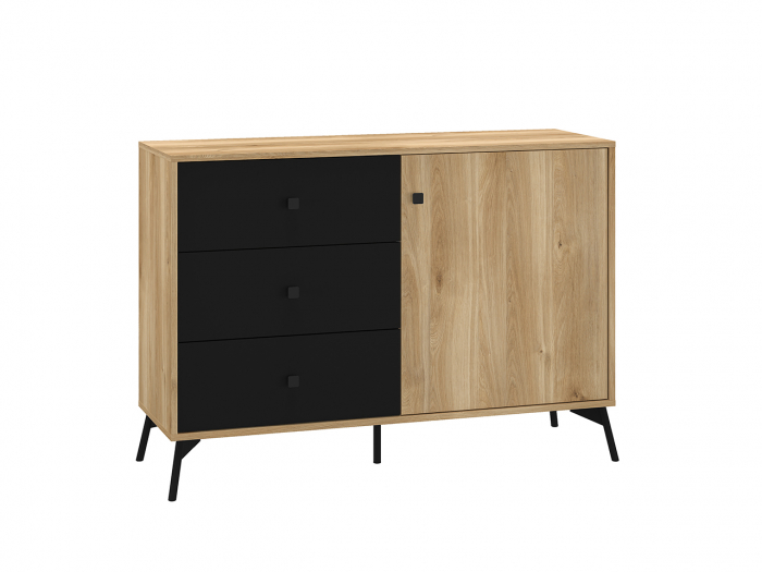 Comoda pal stejar /negru, 3 sertare si 1 usa , raft , 120 cm lungime x40 cm adancime x 85 cm inaltime, pe picioare ,moderna [2]