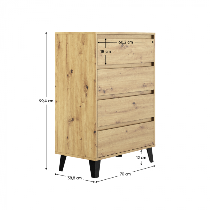 Comodă 4 sertare , 70 cm lungime x38,8 cm adancime x 99,4 cm, pal stejar artisan/picioare negre ,canturi abs, fara manere [11]