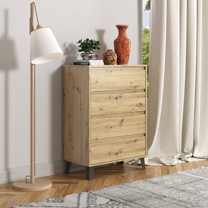Comodă 4 sertare , 70 cm lungime x38,8 cm adancime x 99,4 cm, pal stejar artisan/picioare negre ,canturi abs, fara manere [10]