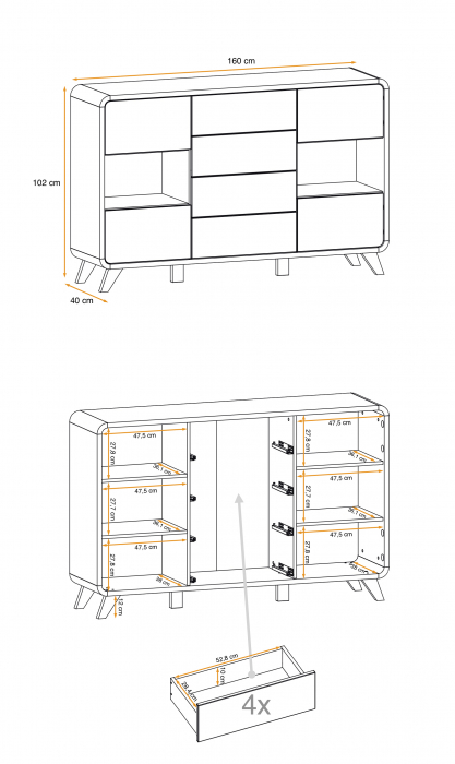 Comoda ultramoderna, led,  4 usi si 4 sertare cu deschidere prin apasare/push open, 160 lungime x102 x40 cm, gri antracit/stejar deschis/picioare negre, rotunda, Bortis impex [3]