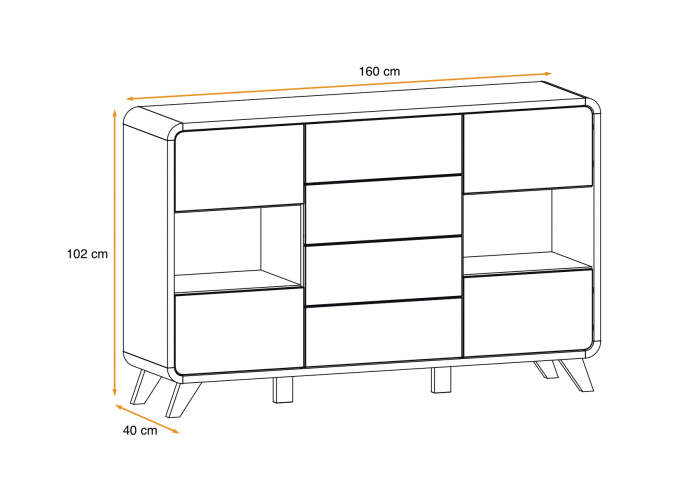 Comoda ultramoderna, led,  4 usi si 4 sertare cu deschidere prin apasare/push open, 160 lungime x102 x40 cm, gri antracit/stejar deschis/picioare negre, rotunda, Bortis impex [4]