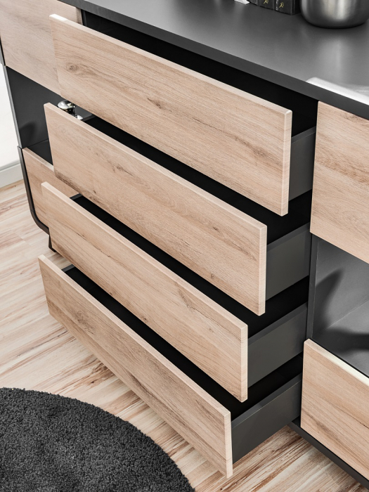 Comoda ultramoderna, led,  4 usi si 4 sertare cu deschidere prin apasare/push open, 160 lungime x102 x40 cm, gri antracit/stejar deschis/picioare negre, rotunda, Bortis impex [8]
