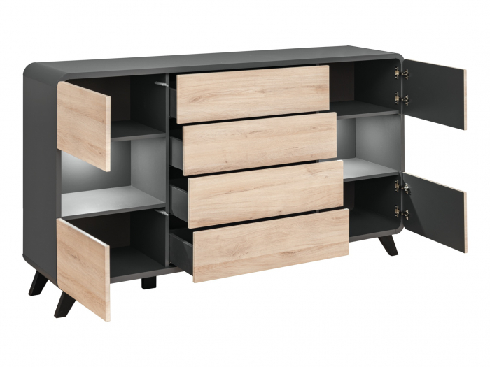 Comoda ultramoderna, led,  4 usi si 4 sertare cu deschidere prin apasare/push open, 160 lungime x102 x40 cm, gri antracit/stejar deschis/picioare negre, rotunda, Bortis impex [2]