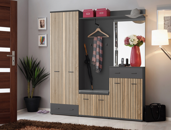 Cuier cu dulap si pantofar ,oglinda si perna inclusa, gri grafit/ stejar artisan cu model riflaj, 180 cm lungime x 203 cm inaltime x 32 cm adancime, Bortis [10]