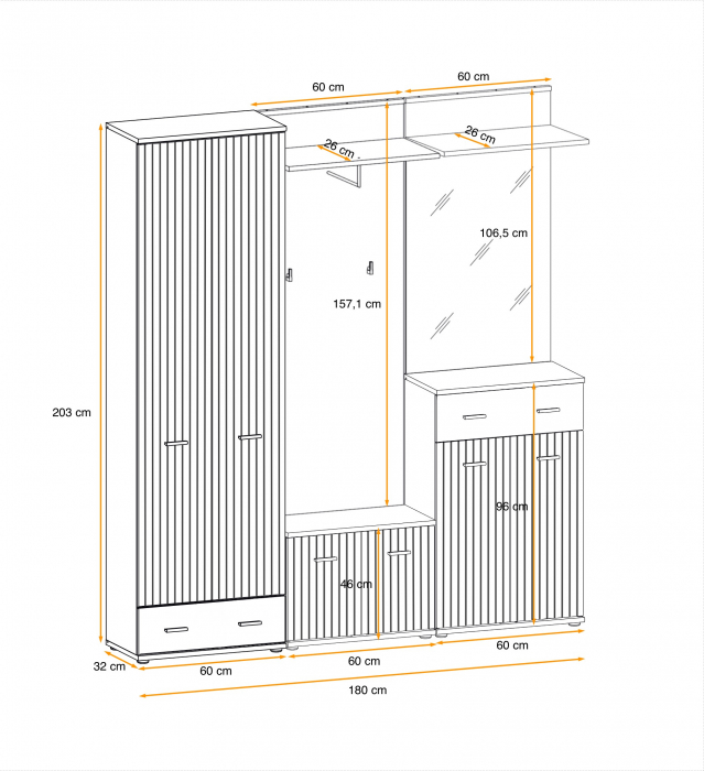 Cuier cu dulap si pantofar ,oglinda si perna inclusa, gri grafit/ stejar artisan cu model riflaj, 180 cm lungime x 203 cm inaltime x 32 cm adancime, Bortis [2]