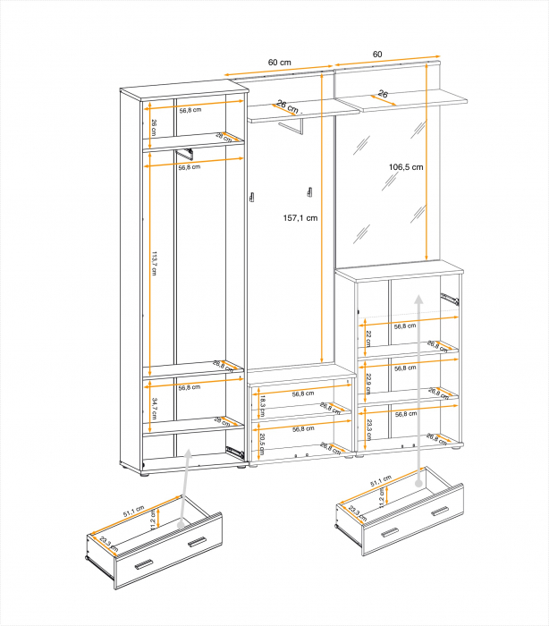 Cuier cu dulap si pantofar ,oglinda si perna inclusa, stejar sonoma, usi pvc infoliate, 180 cm lungime x 203 cm inaltime x 32 cm adancime, Bortis [2]