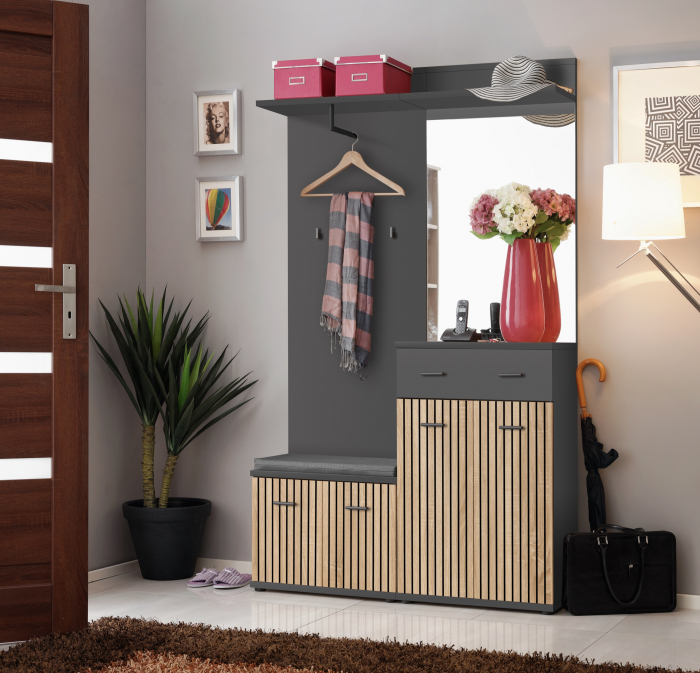 Cuier cu pantofar ,oglinda si perna inclusa, gri grafit/ stejar artisan cu model riflaj, 120 cm lungime x 203 cm inaltime x 32 cm adancime, Bortis [1]