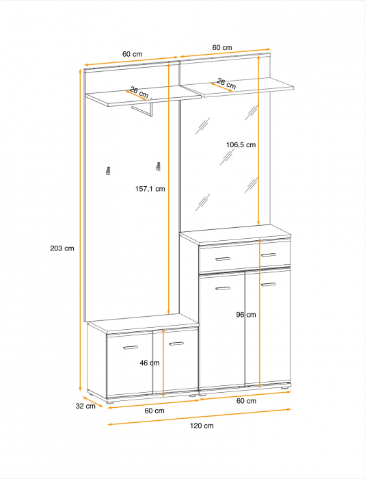 Cuier cu pantofar ,oglinda si perna inclusa, stejar sonoma, usi pvc infoliate, 120 cm lungime x 203 cm inaltime x 32 cm adancime, hol [3]