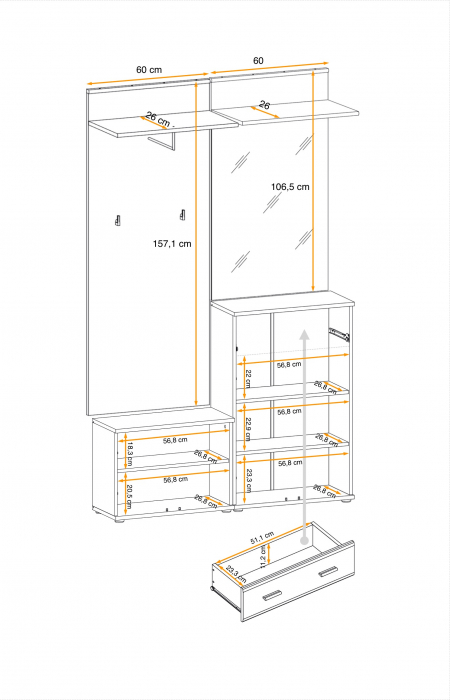 Cuier cu pantofar ,oglinda si perna inclusa, stejar sonoma, usi pvc infoliate, 120 cm lungime x 203 cm inaltime x 32 cm adancime, hol [4]