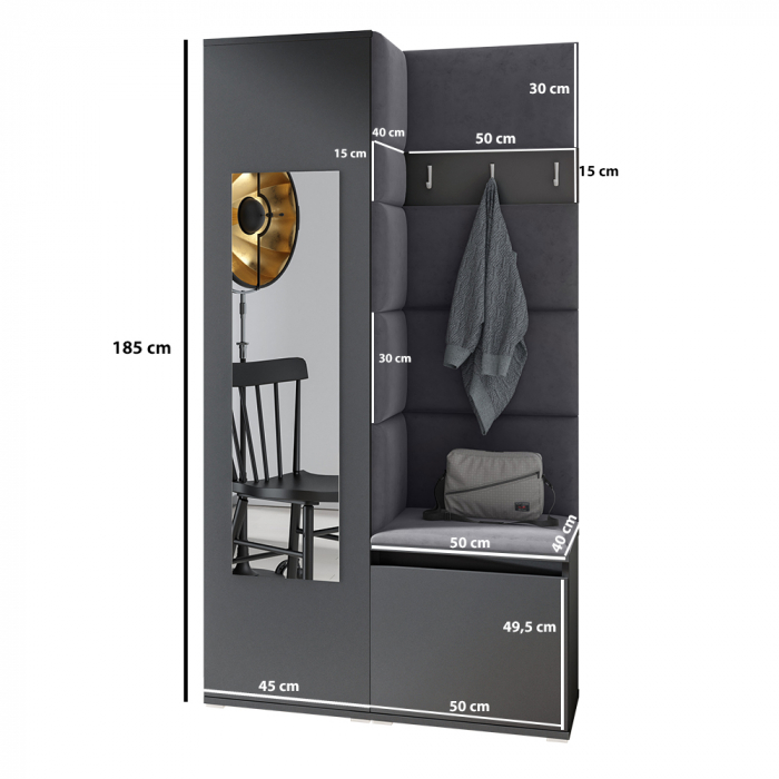 Cuier hol modern ,95 cm lungime, cu dulap haine -oglinda, pantofar si panouri tapitate stofa maro/ stejar artisan cu negru , Bortis [4]